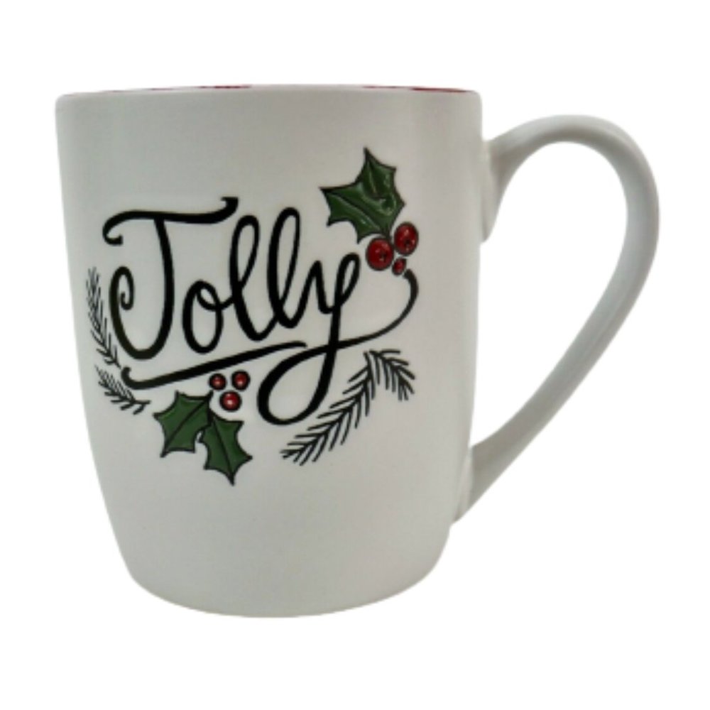 Peppermint and Pine White Ceramic Engraved Jolly Coffee Mug Christmas Holidays